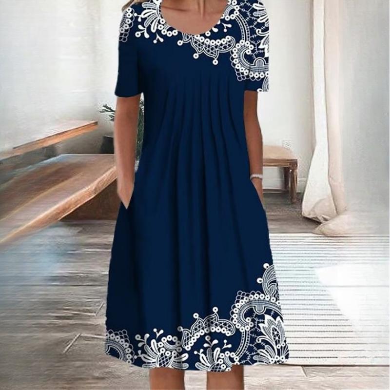 Dámská móda Léto Jaro Jednobarevný potisk Neformální šaty s krátkým rukávem do O-výstřihu a vysokým pasem