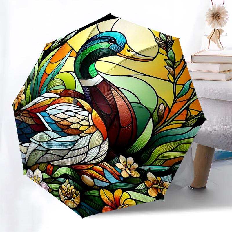 

1pc Stained Glass Duck Design Automatic Opening Folding Umbrella with 8-Bone Iron Frame - Perfect for Outdoor Use, Festive Gifts, Travel, Daily Use, a