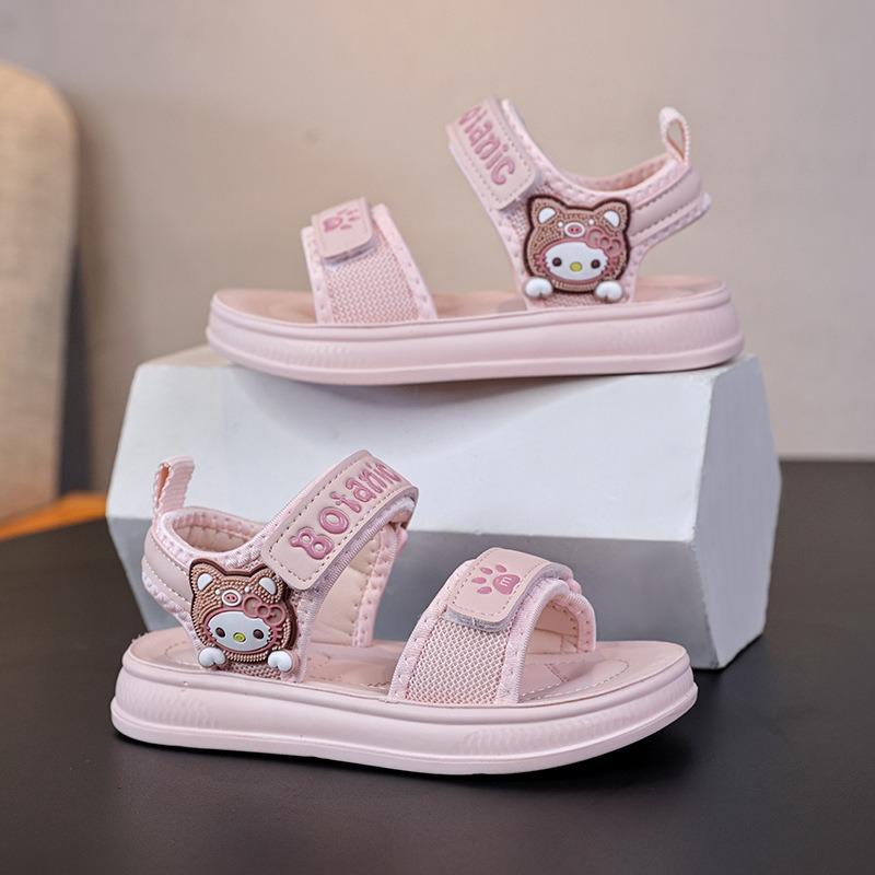 New Spring/Summer Kids' Open-Toe Beach Sandals - Adorable Bear Print Girls' Sandals with Hook & Loop Closure