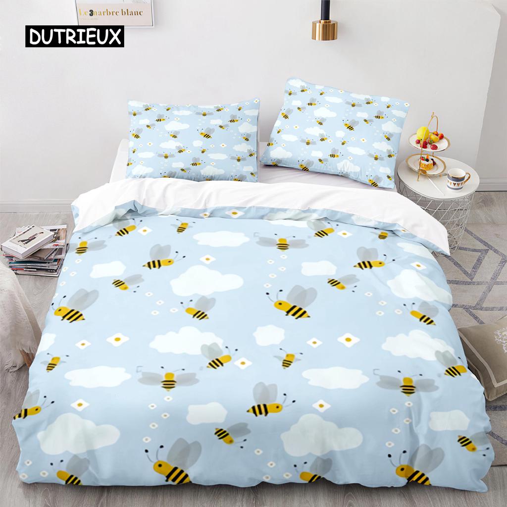 Süße Cartoon-Biene Bettbezug King Queen Honig Bettwäsche Set Kinder Jungen Mädchen Frühling Gelb Polyester Bettdeckenbezug