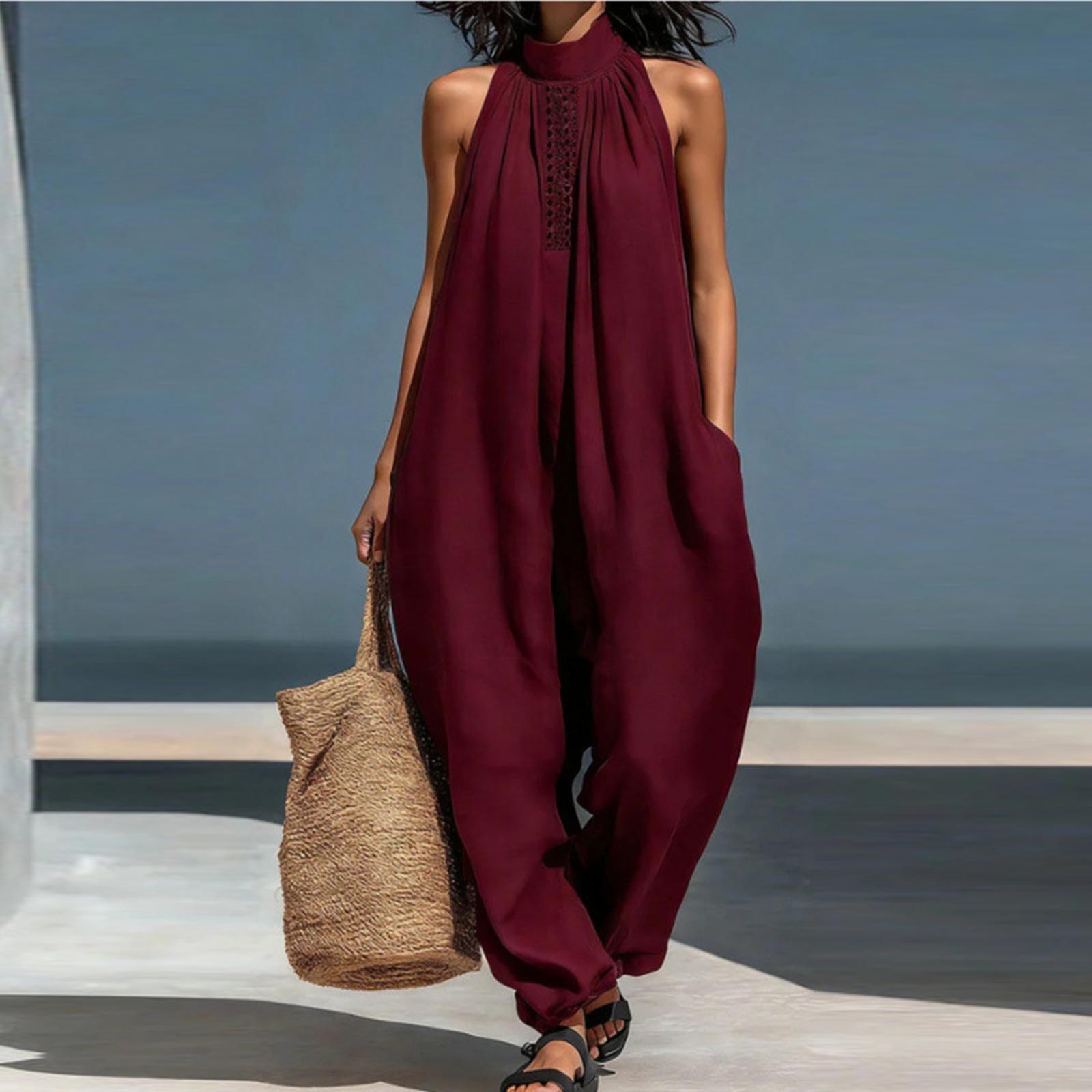 

Women’s Sleeveless Loose Fit Neck Jumpsuit with Wide Leg Design and Comfortable Relaxed for Casual Wear S винний