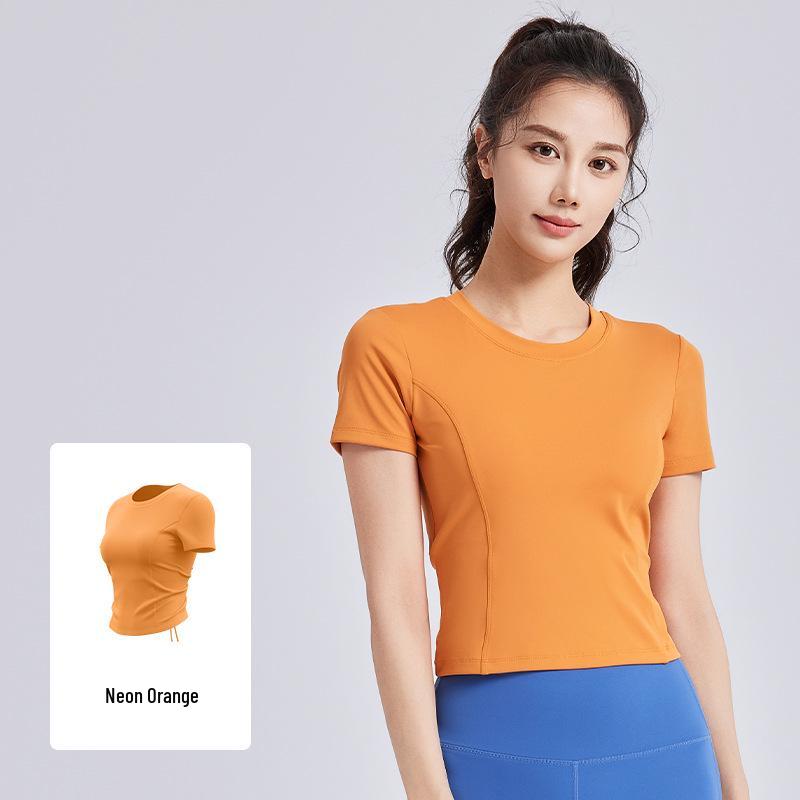 

Women s Short Sleeve Yoga Top with Chest Pads, Tie-Up Drawstring, and Stylish Back - Perfect for Casual Outdoor Sports and Fitness. Small