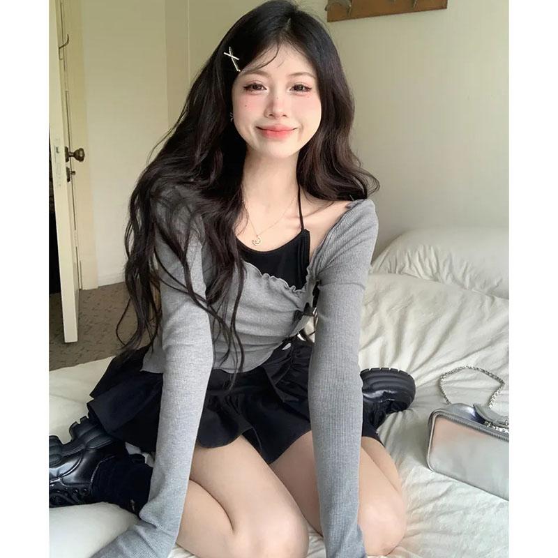 Pure Desire Irregular Grey Long Sleeve Top Tank Strap Design Women's Short Two-piece Set Slim American Spicy Girl Korean Fashion