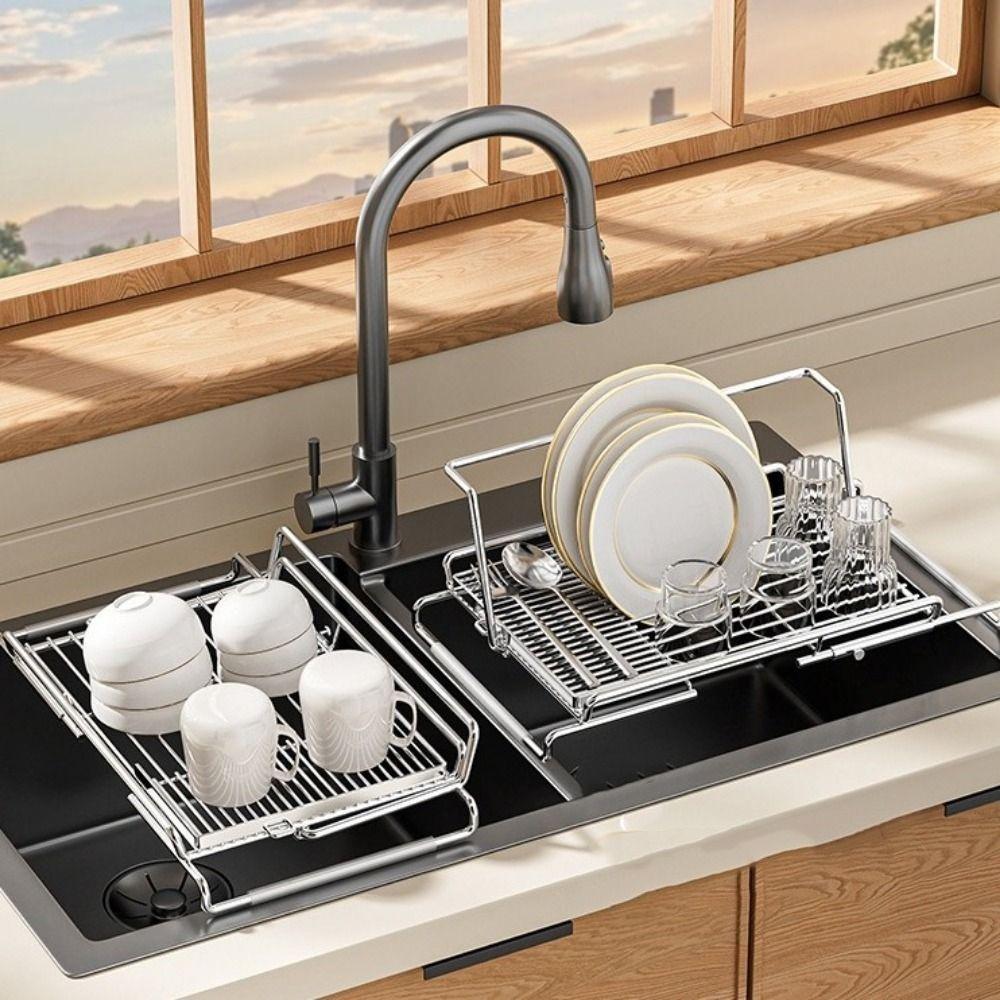 Adjustable Sink Drain Basket Non-Slip Dish Drying Rack Tableware Storage Shelf  Basin