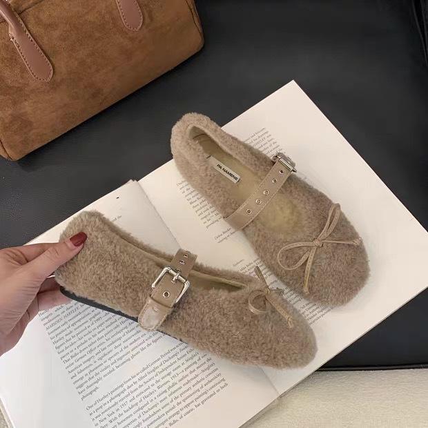 French Mary Jane Mao Mao shoes for women's outer wear 2025 autumn and winter new one-word single shoes with bow, shallow beanie shoes
