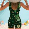 Women Plus Size Square Neck Wide Straps One Piece Boyshort Swimsuit Green Clover Printed