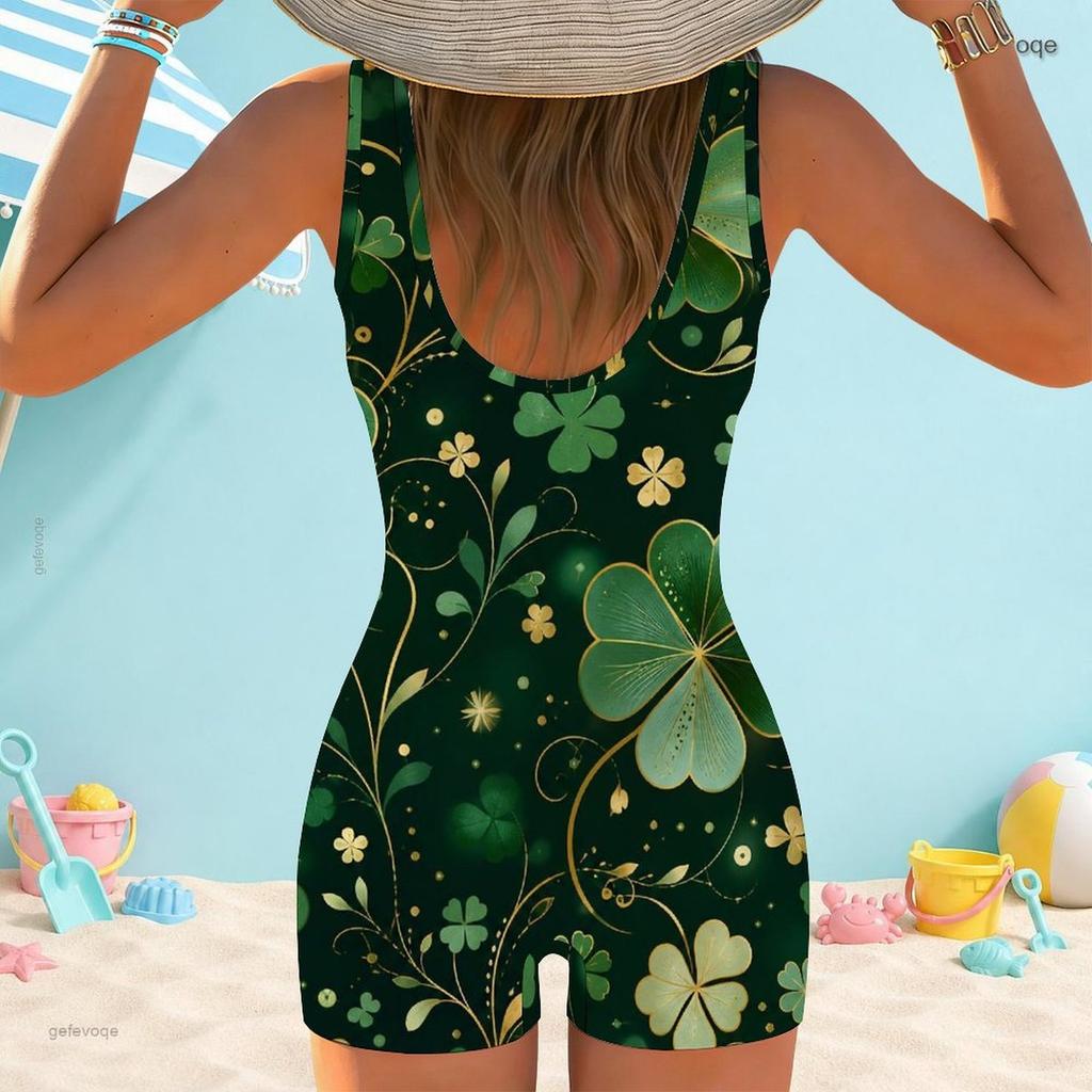 Women Plus Size Square Neck Wide Straps One Piece Boyshort Swimsuit Green Clover Printed