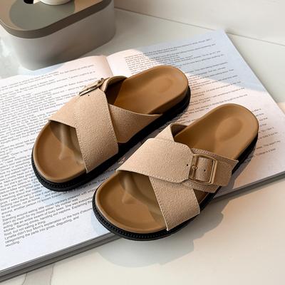 Zapatillas Planas de Moda para Mujer Verano Nuevas Cabeza Redonda Punta Abierta Gamuza Hebilla Metálica Antideslizantes Resistentes al Desgaste Sandalias