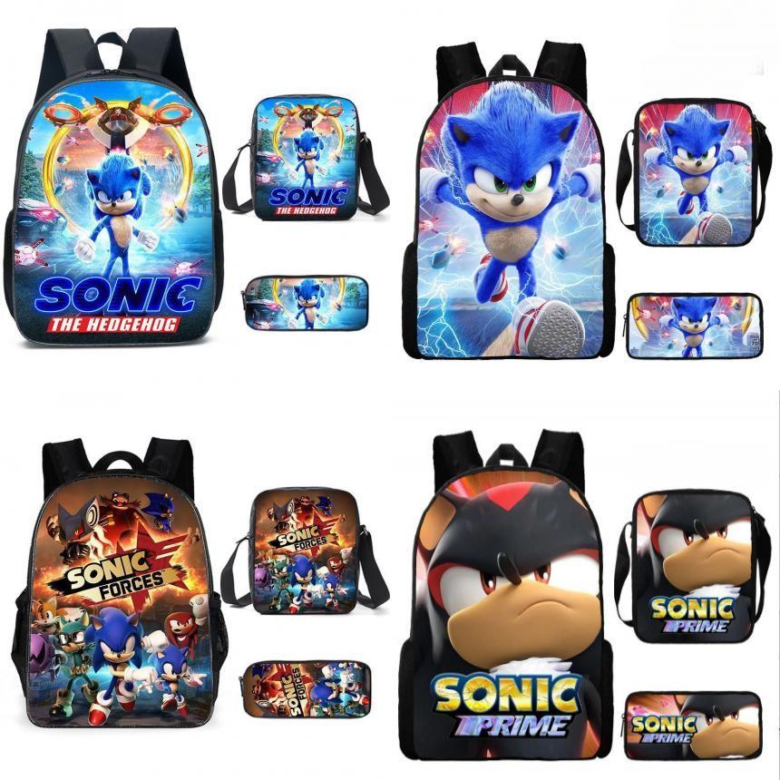 Sonic Cartoon School Bag Set With Oxford Fabric Breathable Lightweight For Kids School Use