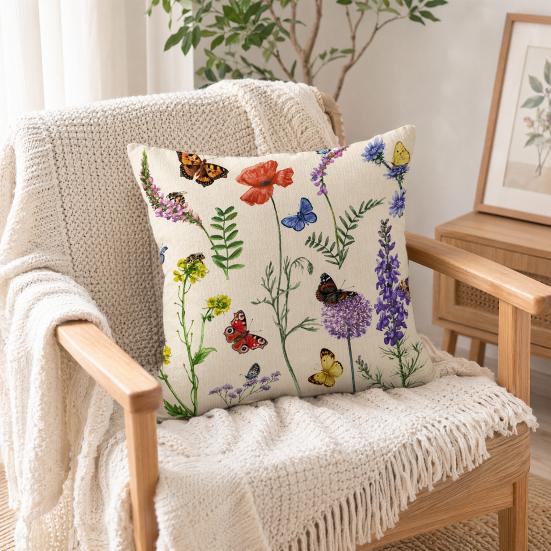 Floral Cushion Cover, 18x18 Inch Decorative Throw Pillow Cover with Hidden Zipper, Plant Insect Flower Patterns, Cushion Case for Sofa Car Home Decor