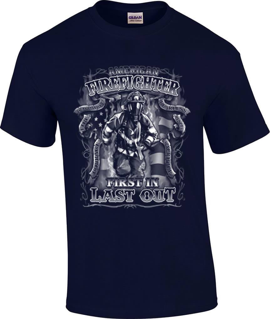 American Firefighter First In Last Out Fire Rescue T-Shirt L