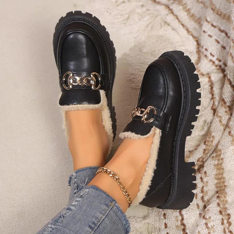Plus Suede Leather Shoes for Women Loafers New Winter Warm Black Womens Casual Walking Shoes Warm Big Size 42 Ladies Shoes