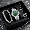 LP62 New 4pcs Alloy Square Men Quartz Movement Watch Waterproof Business Watch Cross Necklace Bracelet Ring Set Selected Gift