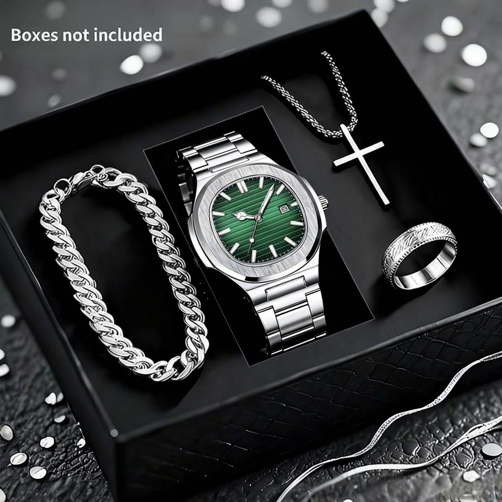 LP62 New 4pcs Alloy Square Men Quartz Movement Watch Waterproof Business Watch Cross Necklace Bracelet Ring Set Selected Gift