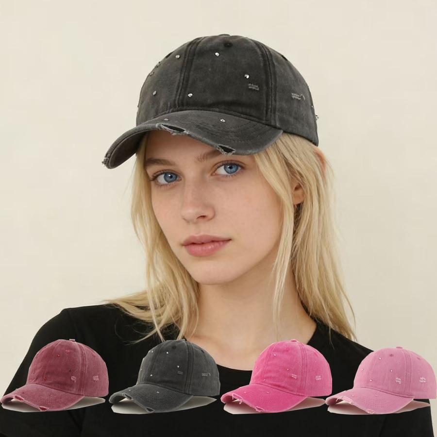 2026 Fashion Streetwear Handmade Diamond Baseball Cap Women Washed Cotton Distressed Sun Cap Outdoor Rhinestone Snapback Hat