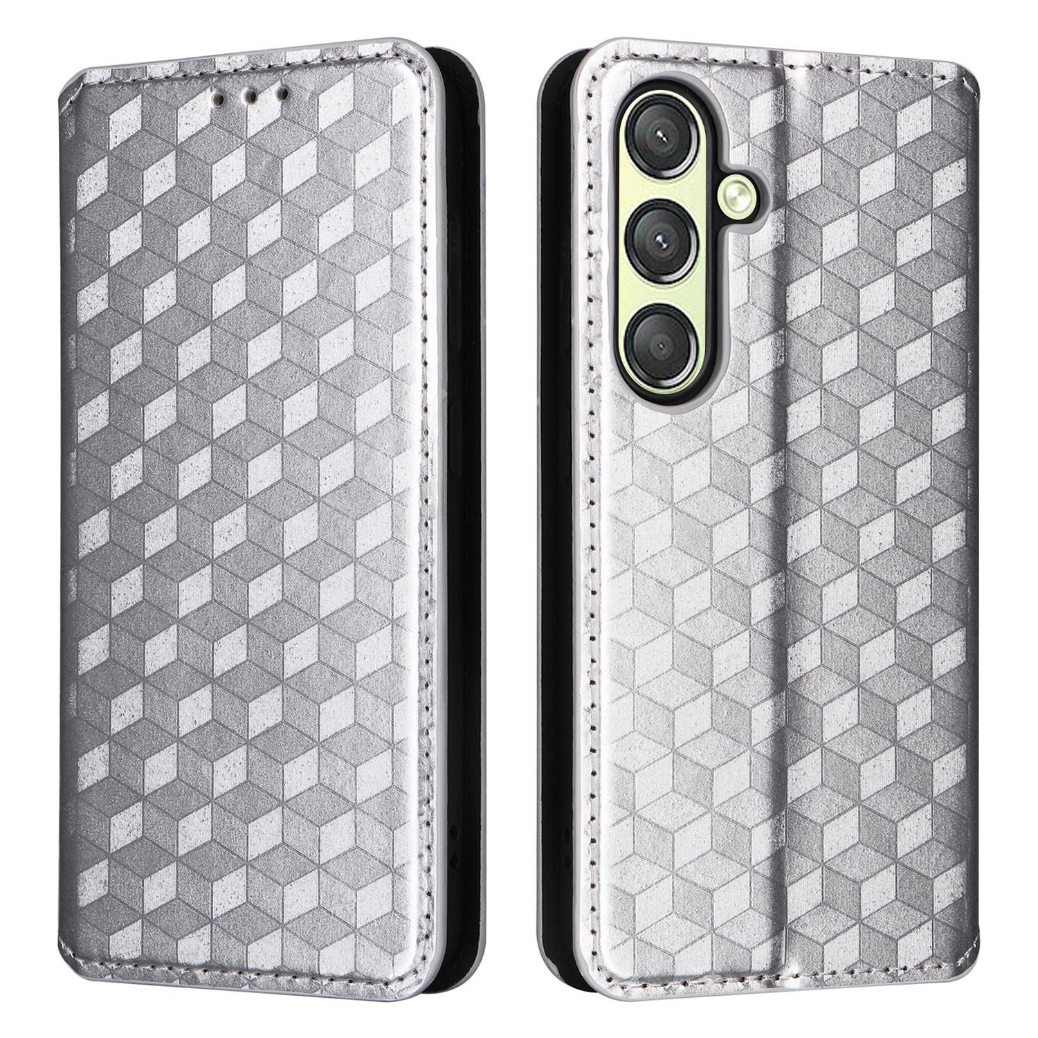

For Samsung Galaxy S25+ Case Wallet Rhombus Imprinted Leather Phone Cover Silver
