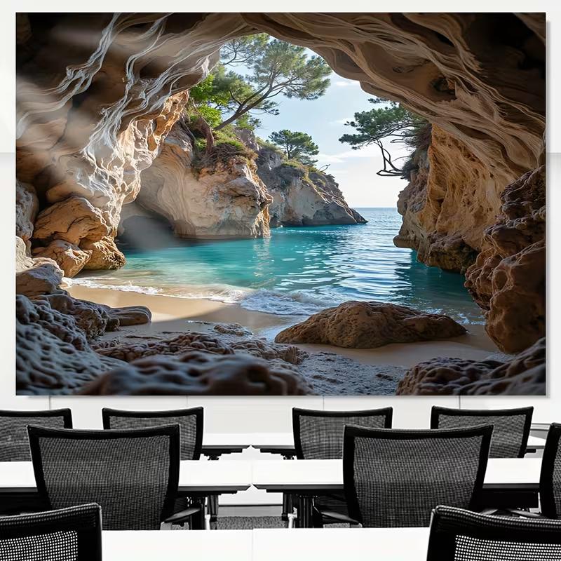 2D Mediterranean Cliff Pine Beach Background for Summer Holiday Party Decoration