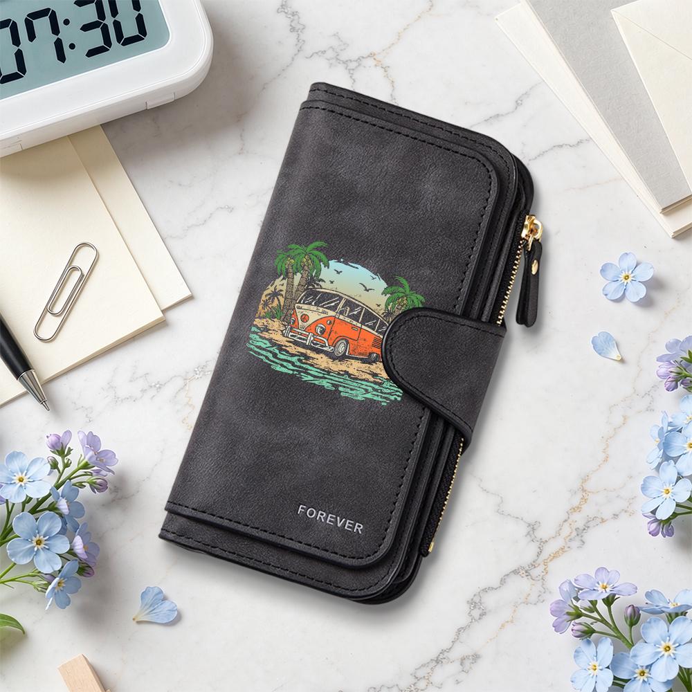 Retro Beach Print Long Wallet Forever PU Leather Multi Card Slots Purse