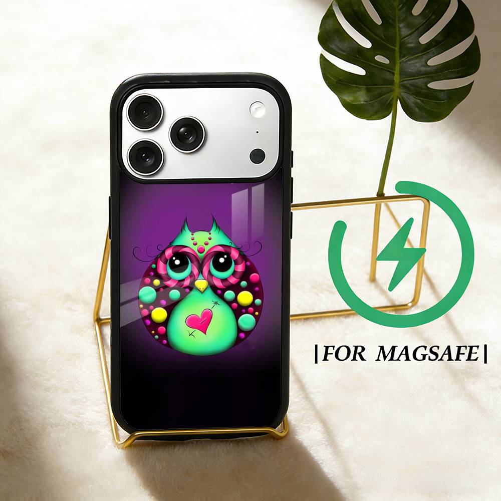 Cute Owl Phone Case For iPhone 17 16 15 14 13 12 Pro Max Plus for Magsafe Mirror Wireless Magnetic Cover