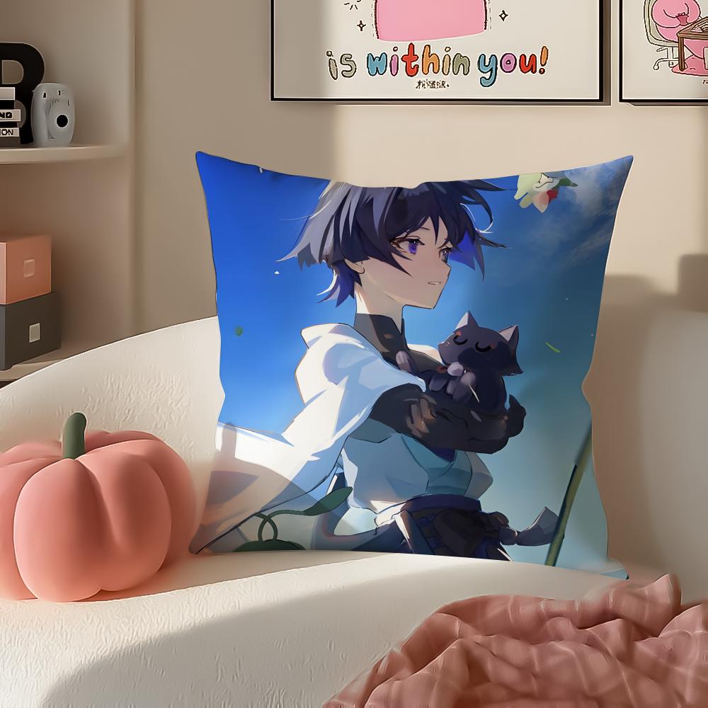 Game Genshin Wanderer Scaramouche Cushion Cover Pillowcase Short Plush Invisible zipper Room Sofa Cushion Cover