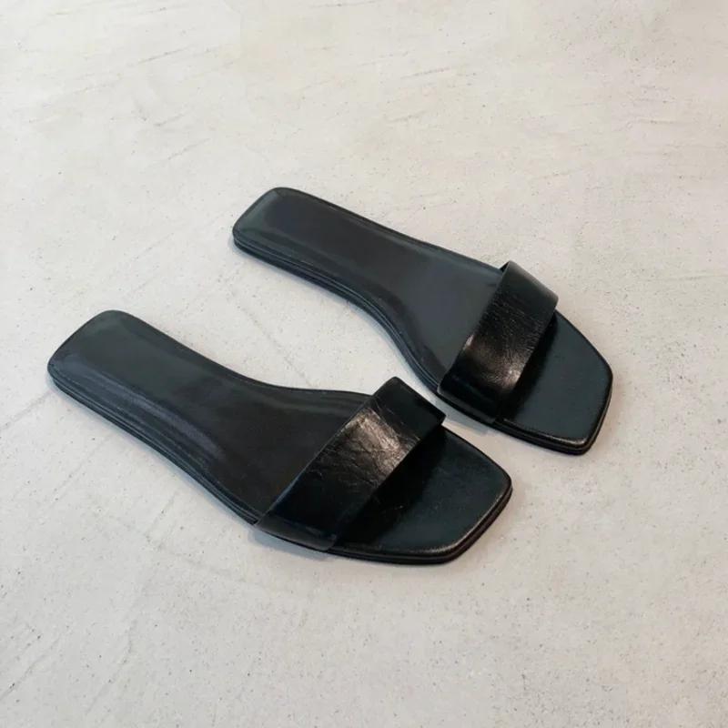 Ladies New Black White Flat Slippers Women Genuine Leather Peep Toe One Strap Mules Shoes Woman Summer Slides Comfort Clogs