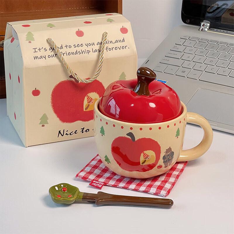 Cute Apple Ceramic Mug with Lid and Spoon