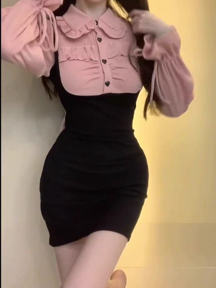 Pure desire fake two-piece splicing long-sleeved dress women's early autumn design sense niche temperament slim and thin hip-wrapped short skirt