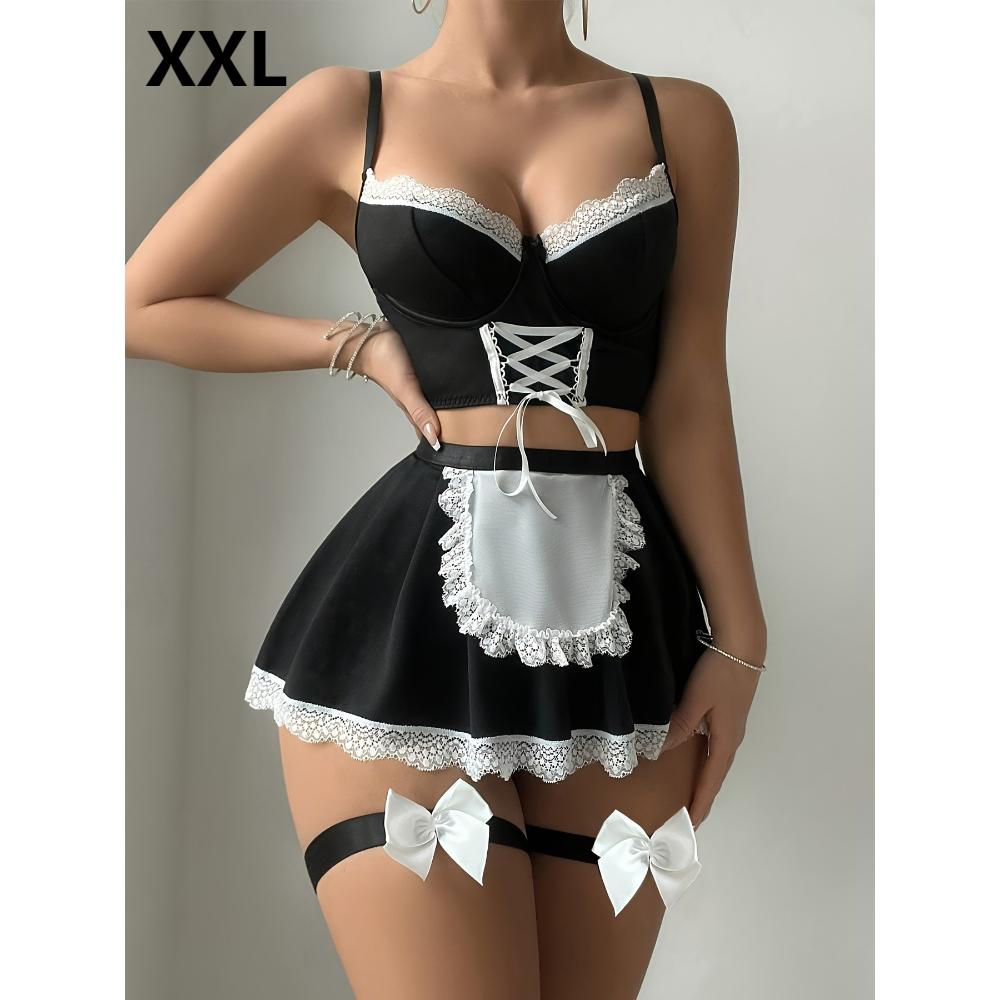 Sexy lace maid apron lingerie set with straps,tempting housemaid costume,intimate outfit with delicate lace for role play and adult fashion wear