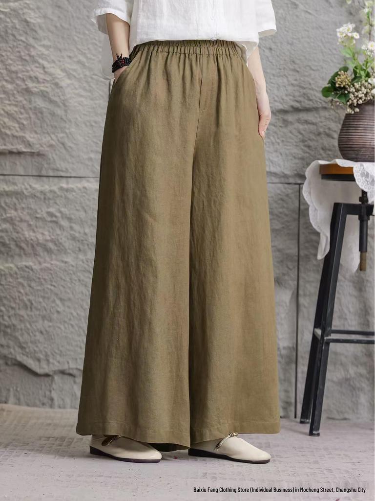 Women's 2026 Summer Linen Wide-Leg Pants: Solid Color, Loose Fit, Large Size, Casual Fashion