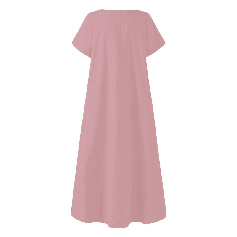 Vestido Maxi de Algodón y Lino de Verano para Mujer, Vintage Artístico de Color Sólido con Cuello Redondo de Manga Corta Holgado Talla Grande Casual Largo