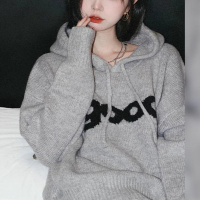 Women's Autumn/Winter 2024 Grey Knit Hoodie: Lazy Style, Loose Fit, Slimming Design