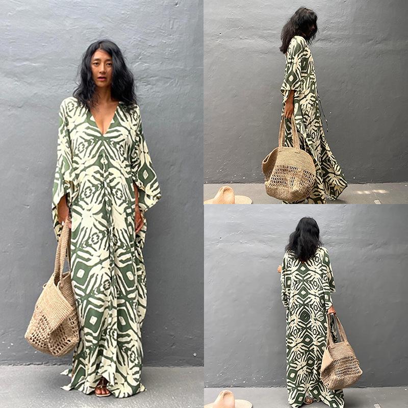 Cotton Drawstring Holiday Beach Dress Women s Sunscreen Loose Large Size Long Dress Bikini Overcoat one size