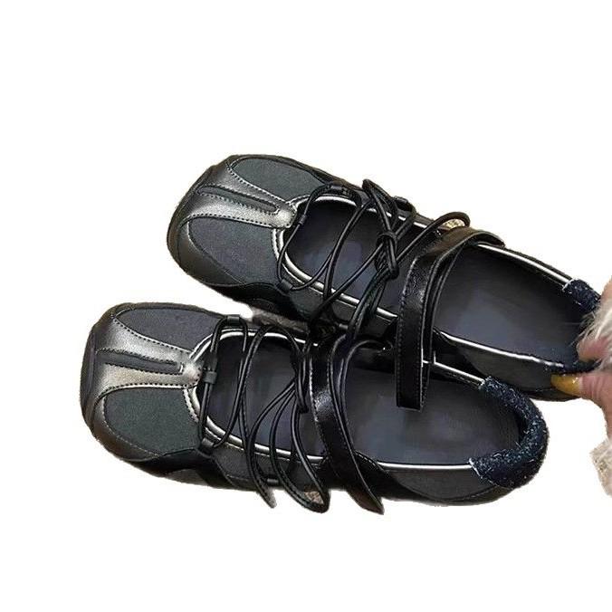 Sheepskin version~ Functional wind sports square head ballet shoes women's versatile cross belt Velcro shallow mouth Mary Jane single shoes