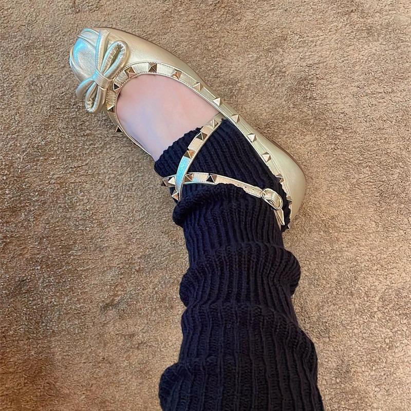 Sheepskin version bow rivet single shoes women's Mary Jane shoes women's round head shallow mouth ballet shoes flats