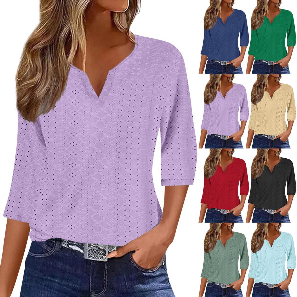 Women's Fashion V-Neck Three-Quarter Sleeve T-Shirt Casual Solid Color Top