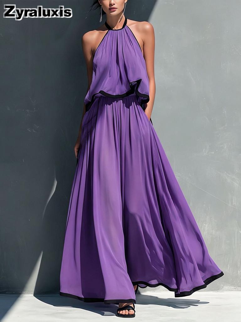 New Fashion Solid Casual Shoulder Strap Top with High Waist A-Line Maxi Skirt Set Outfit