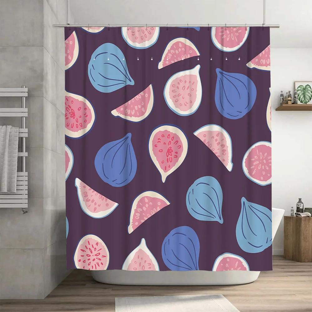 Bathroom Decor Shower Curtain with Fig Leaf Watermelon Slice Print in Purple Blue Polyester Fabric Ships Worldwide from China (M