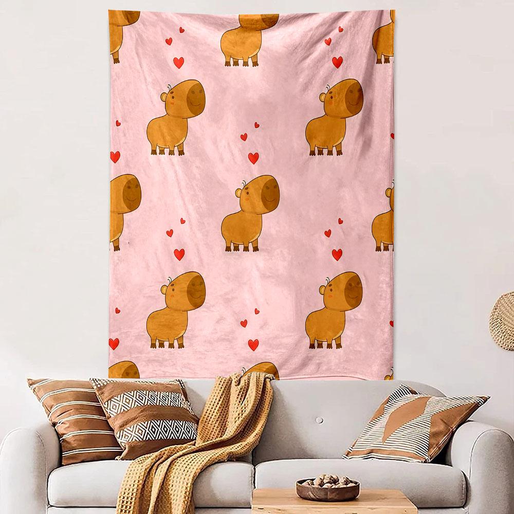 Cute Capybara Pattern with Hearts Patterned Tapestry Decorative Wall Hanging, Home Bedroom Living Room Decor