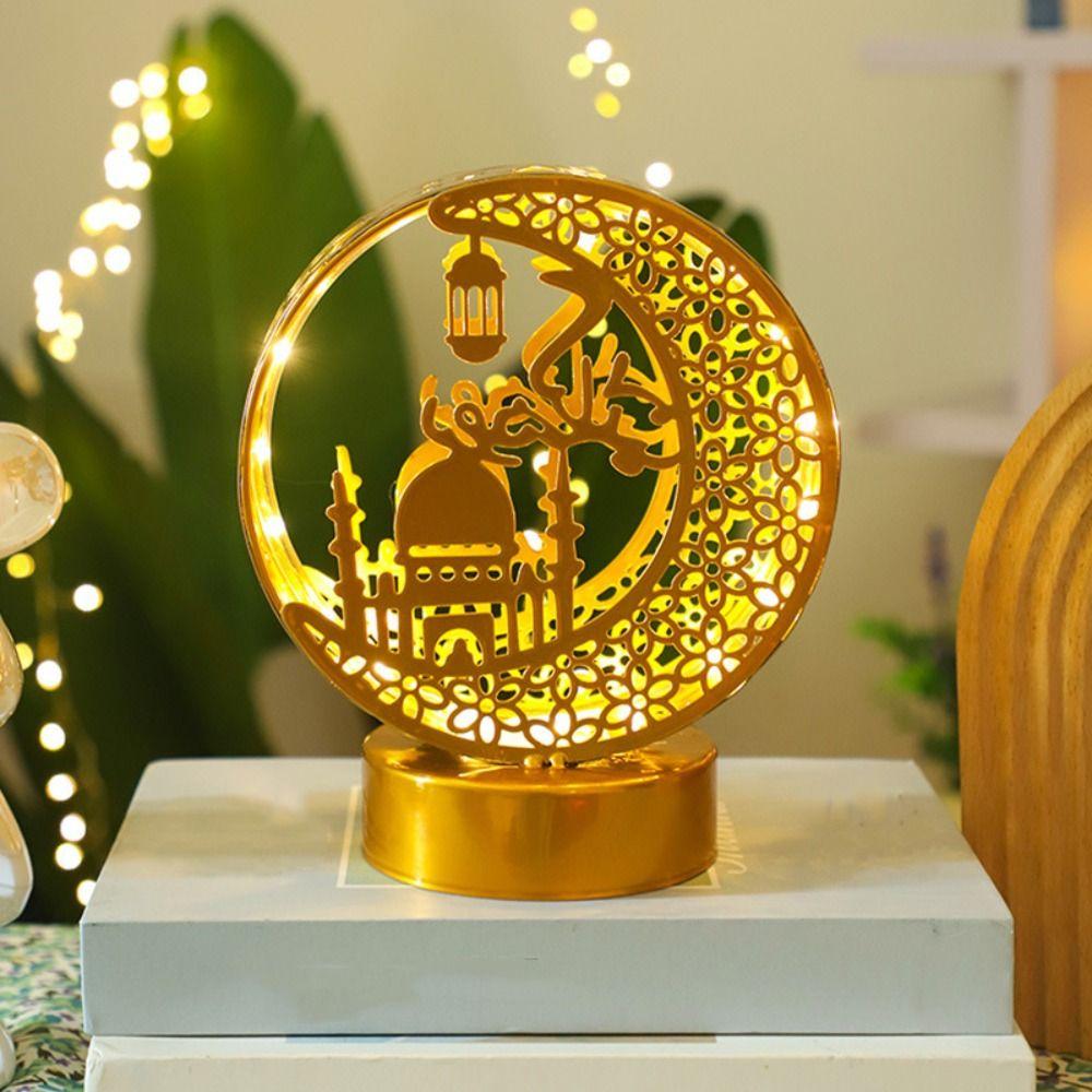 Crescent Pattern Moon Castle LED Light Gold Battery Operated Eid Mubarak Decorative Lamp Wrought Iron Hollow Ramadan Night Light