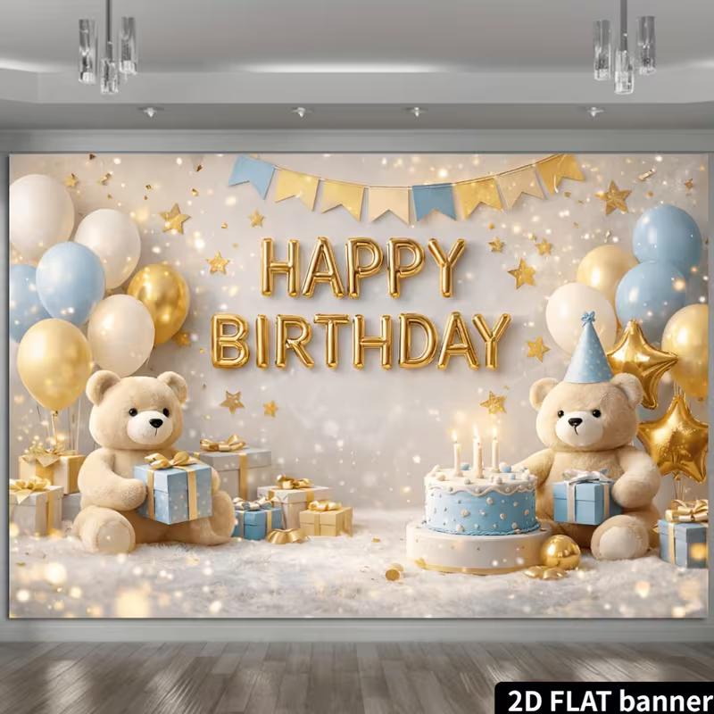 2D Baby Shower Teddy Bear Birthday Backdrop Blue & Gold Photography Prop