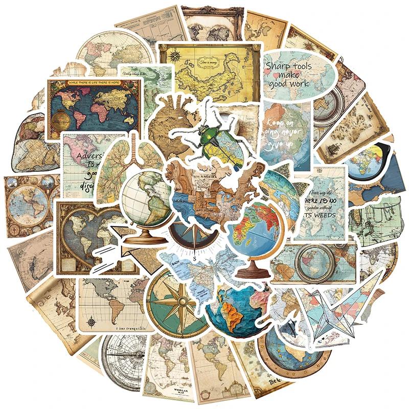 50PCS Vintage Travel Clock Map Stickers Set Retro Aesthetic Waterproof Vinyl Decals for Scrapbooking DIY Laptops