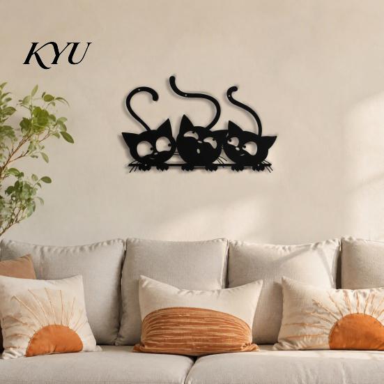 Decorative Metal Cat Figures Black Wall Art, Cartoon Kitten Silhouette Decoration, Playful Sign Sculpture for Lovers, Minimalist Room Living
