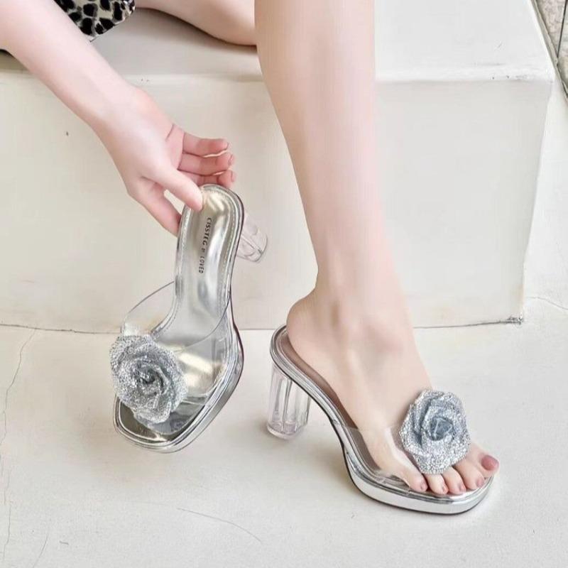 

In Summer, The New Thick-soled, Square-toe, High-heeled Transparent Flip-flops, Foreign Rhinestones, Camellia Block Heel Sandals