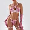 Sexy Lingerie Women's Ultra-thin Mesh Leopard Print Metal Chain with Gloves Leg Ring Four-piece Set