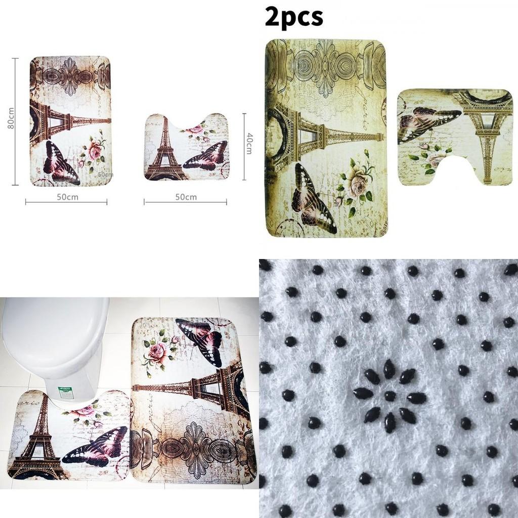 Butterfly Floral Iron Tower Bathroom Rug Set Water Absorbent Non Slip Floor Mat For Home