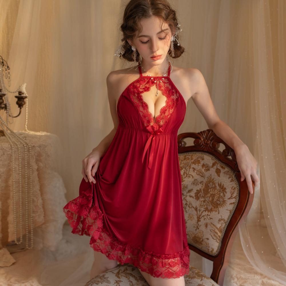 Sexy Silky Pajamas Princess Lace Elegant Suspender Pajamas Couples Flirting Lingerie