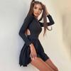 Women's Solid Long Sleeve Slim Mini Dresses Autumn New O-neck Hollow Out Pleated A-line Dress Ladies Sexy Vestidos