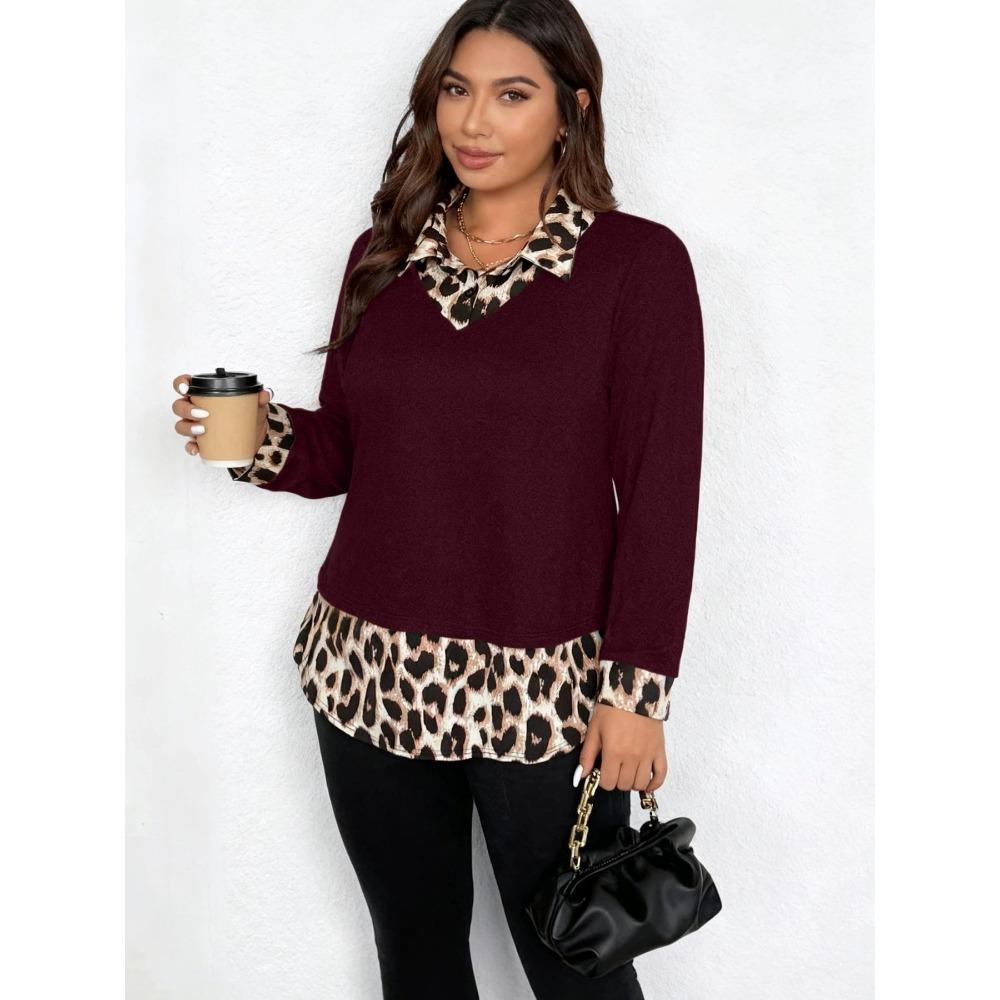 Hot Girl Leopard Print Patchwork Lapel Long-sleeved T-shirt for Women's Spring New Fitted Base Layer