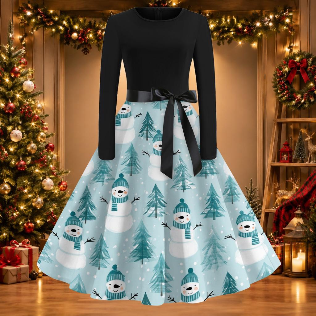 Women's Casual Christmas Print Neck Vintage Dress for Holiday Party