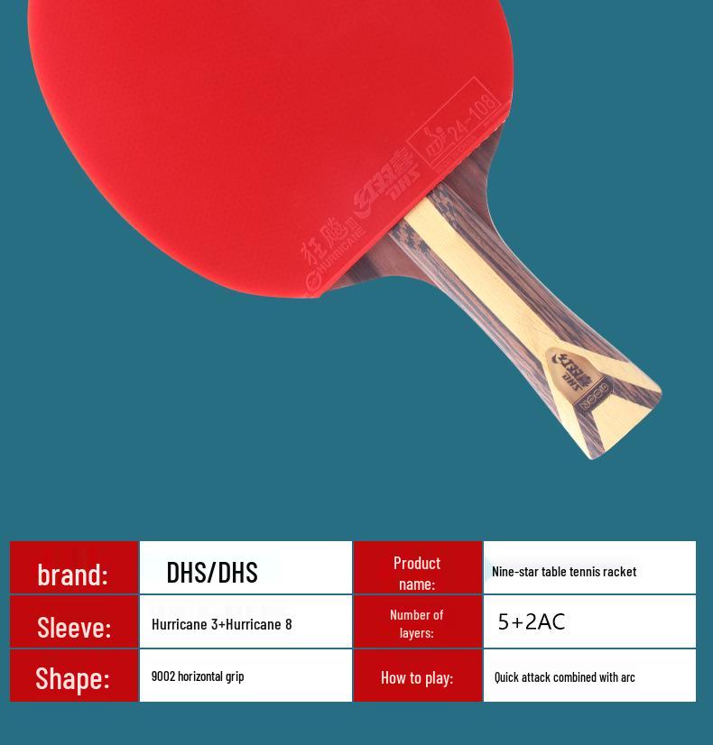 Rachetă de tenis de masă profesională Double Happiness 9 stele H9002 Mâner penă / Drept H9006, Cauciuc inversat pe ambele părți